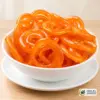Golden jilebi spirals on a plate with Halal Grocery logo