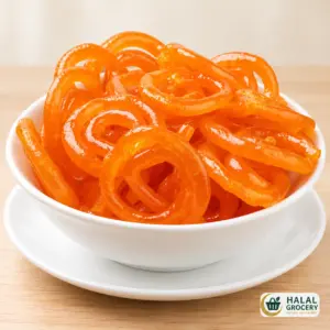 Golden jilebi spirals on a plate with Halal Grocery logo