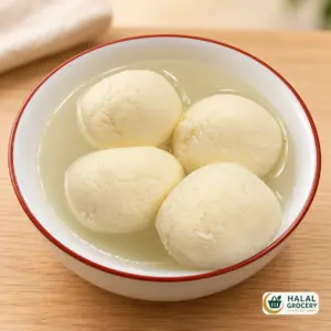 Four rasgullas in syrup in a white bowl with Halal Grocery logo